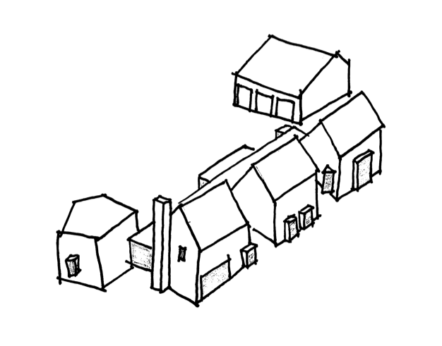 sketch showing how the simple forms are "pulled apart" to form courtyards