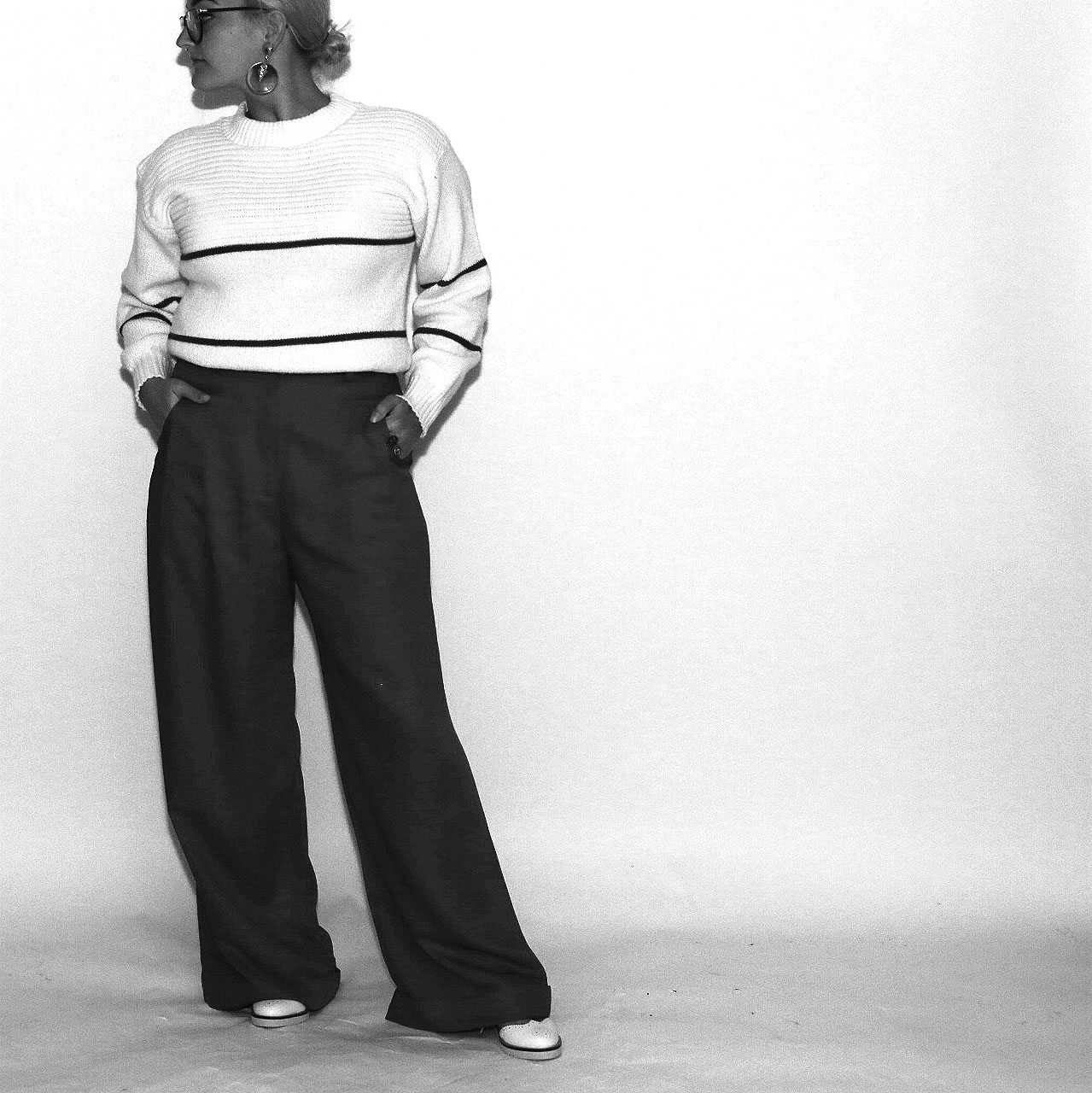 Look 1: Vintage thrifted sweater, vintage pants, Kelsi Dagger shoes, vintage jewelry and glasses