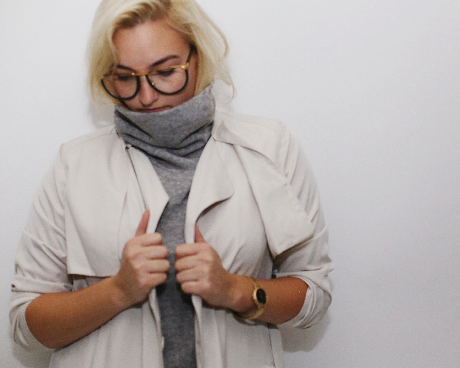 Look 3: Forever21 dress, H&M trench, vintage pants, sandals, glasses and watch