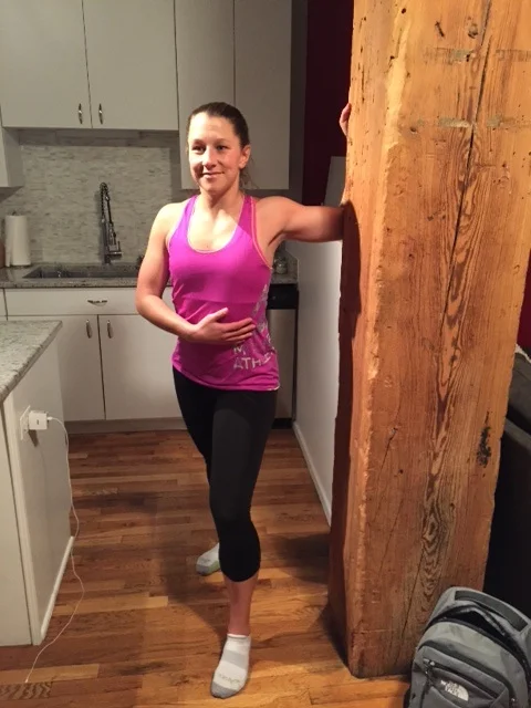 Stand against the wall with your arm at a 90 degree angle with elbow and forearm touching the wall. Lean your chest forward until you feel a good stretch through your chest and the front of your shoulder. Hold for 30-45 seconds and repeat a few times a day or when needed.