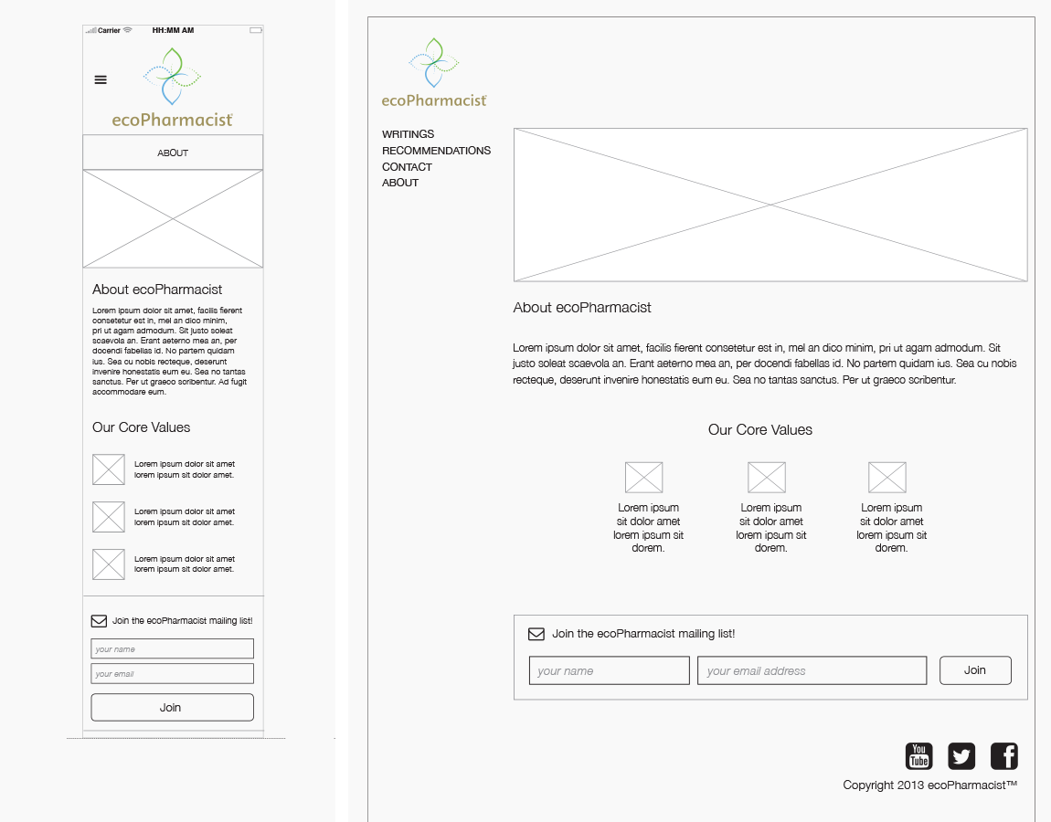 Wireframes, About — Desktop and mobile, created in InDesign