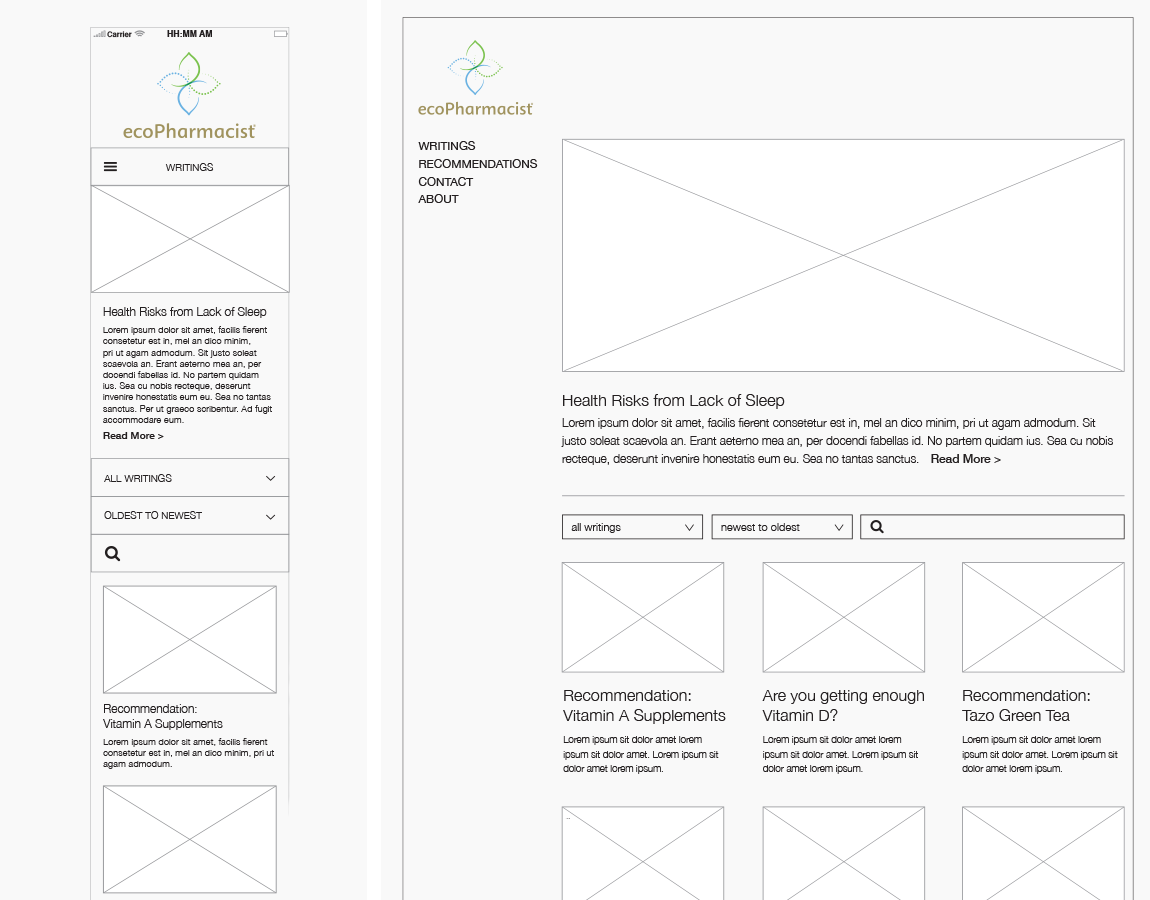 Wireframes, "Writings" Blog — Desktop and mobile, created in InDesign