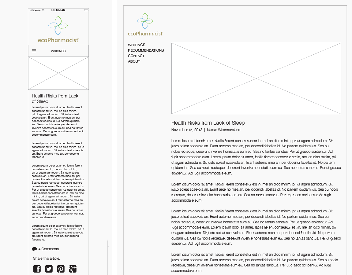 Wireframes, "Writings" Blog, Detail Page — Desktop and mobile, created in InDesign