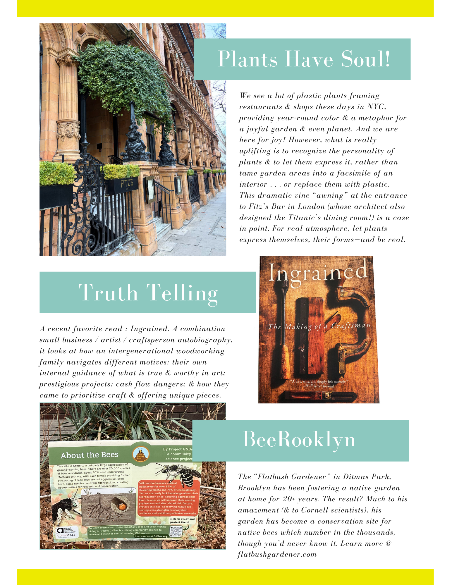 Page 1 of the About the Garden Winter 2026 newsletter from Twelve Gardens Ltd. discusses using live plants rather than plastic ones at restaurant and shop entrances; recommends the book titled Ingrained by Callum Robinson; & native bees in Brooklyn.