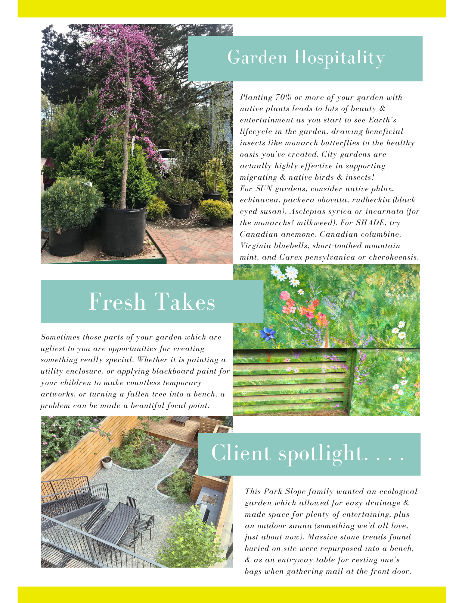 Page 3 of About the Garden January 2026 newsletter from Twelve Gardens Ltd. discusses how native plants help migrating birds and insects in residential NYC gardens; how to make something ugly in your garden into something beautiful; and backyard.