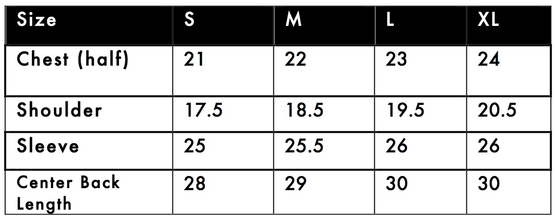All measurements taken in inches. Don't hesitate to contact info@greasepointworkwear.com with any further sizing questions.
