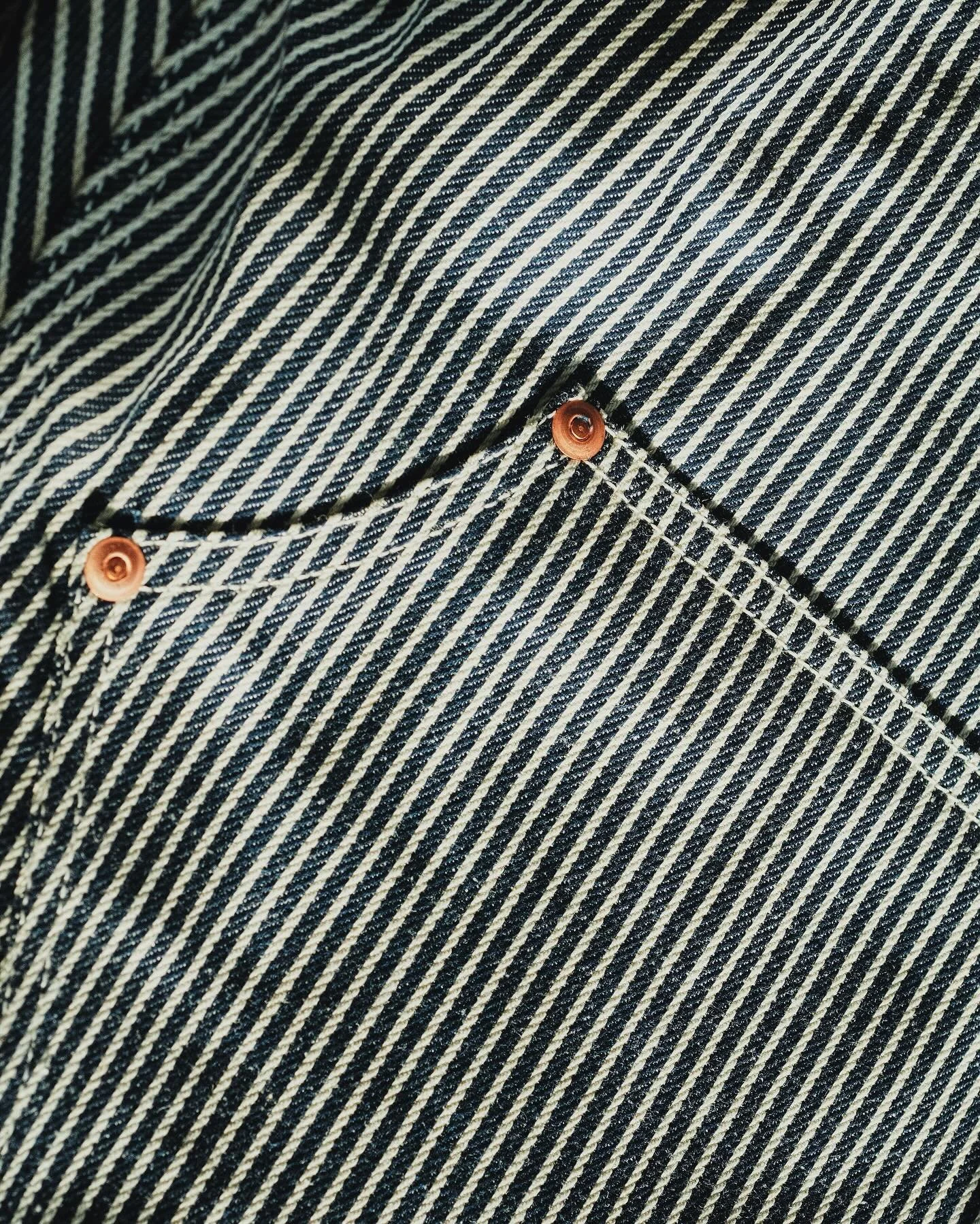 The hickory stripe Work Jean. Made with a 12 oz indigo hickory stripe from Japan.