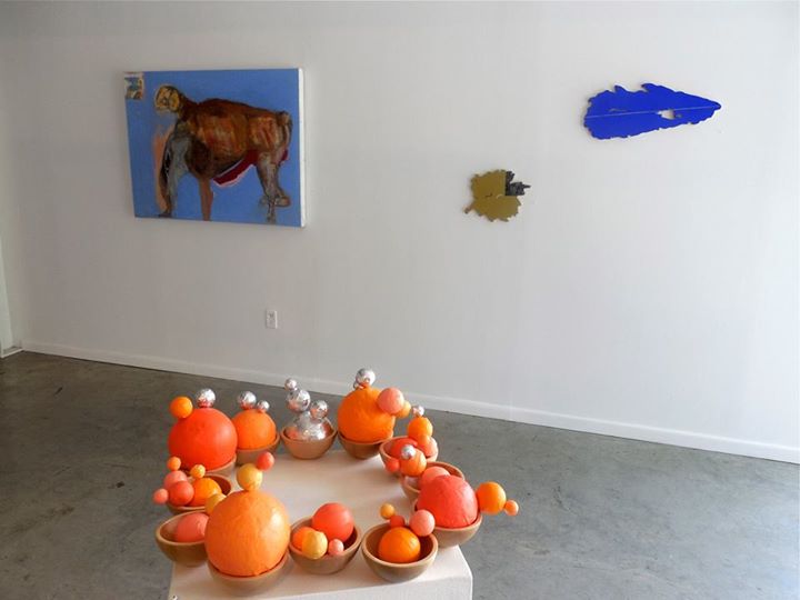 Wall Left to Right. David McClain "Unititled, 2013". Tudor Mitroi "Unititled map (Green Earth), 2013. Tudor Mitroi "Untitled Map (Blue), 2013. Sculpture: Janine Hughes "Safe at Three Mile Island, 2013.