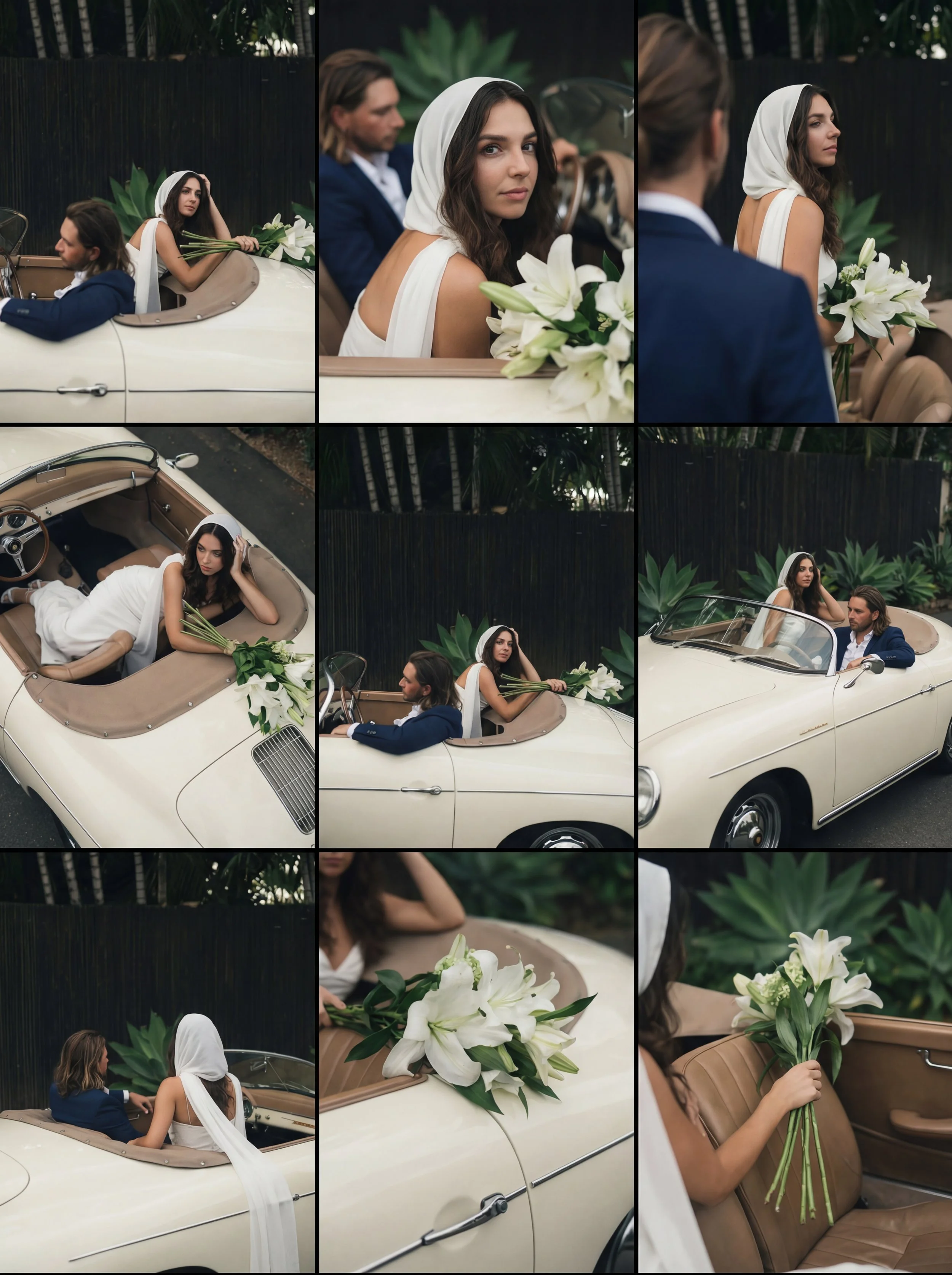 Moonlit Weddings Star Package cinematic wedding film stills featuring bride with vintage car at Austin venue
