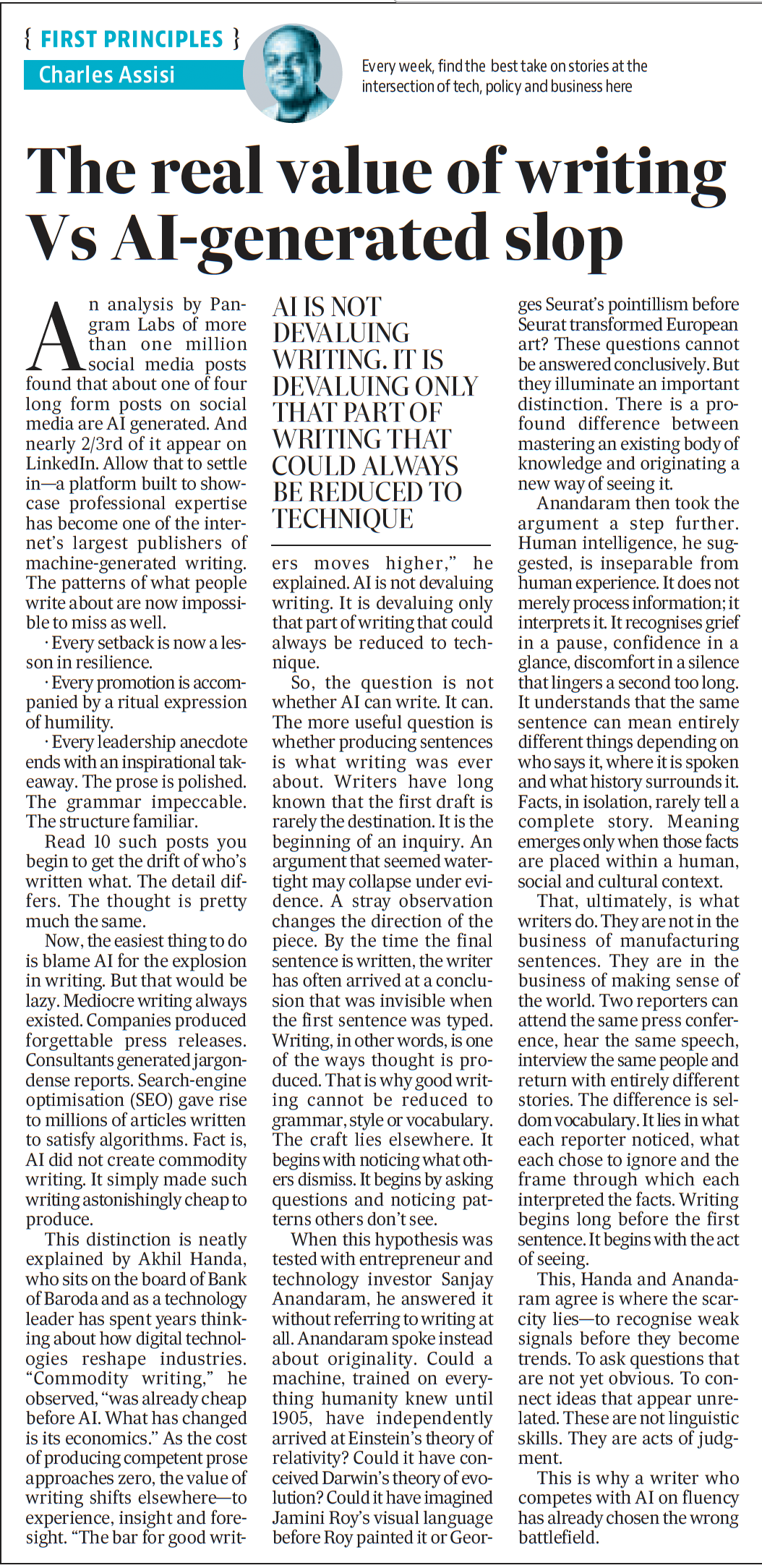 Charles Assisi’s First Principles column, Hindustan Times print edition, 1 August 2026: “The real value of writing Vs AI-generated slop” — on AI vs human writing, insight and judgment.