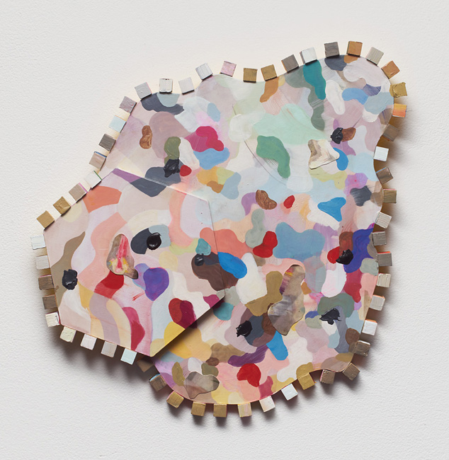    Badge   , 2014,&nbsp;  405 x 405mm,&nbsp;  Gouache, acrylic and oil on MDF, balsa wood, digitally printed canvas, photo by Jeremy Dillon.     