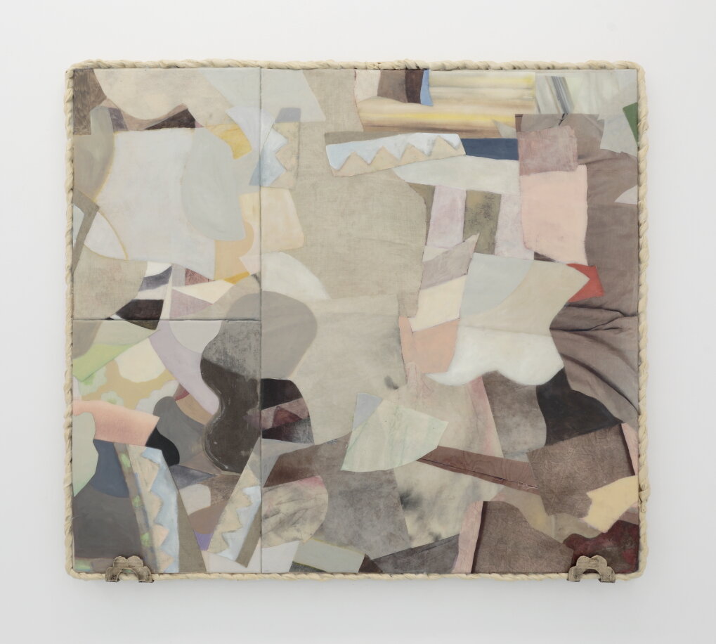   A roof, not a room,  2021, calico, canvas, linen, digitally printed linen, digitally printed cotton, acrylic, acrylic mediums on canvas, bronze supports, 143cm wide x 127cm tall x 4cm deep, photo by Tim Gresham 