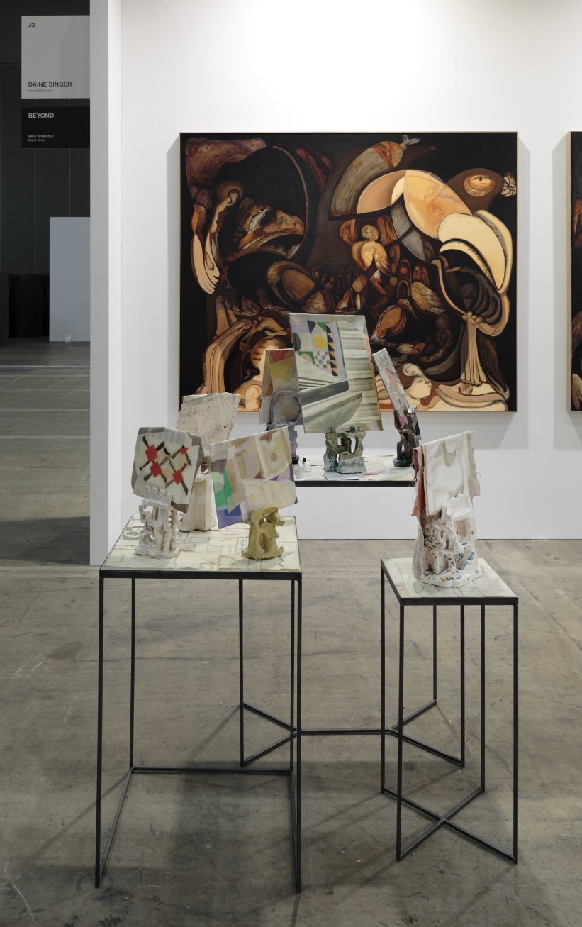  Install, Daine Singer at Melbourne Art Fair 2022, paintings on wall by Kirsty Budge, photo Tim Gresham 