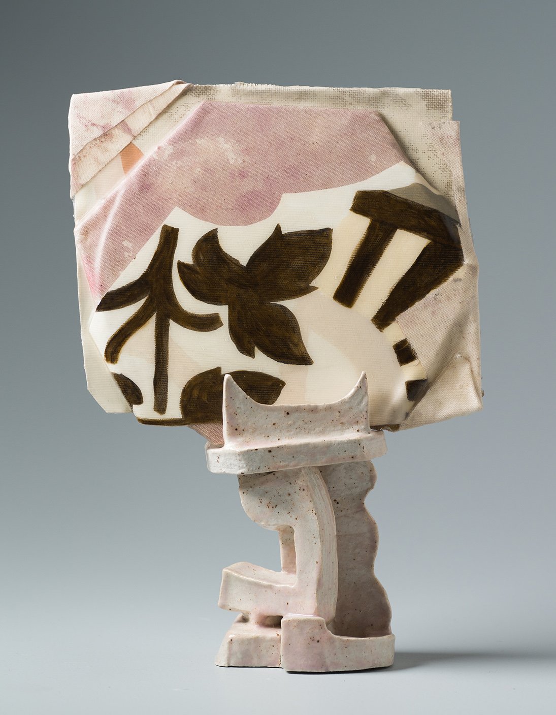 Tier 8, 2022, 27cm wide x 40cm tall x 12cm deep, acrylic, acrylic mediums on canvas, linen on card board, glazed stoneware base, photo by Matthew Stanton