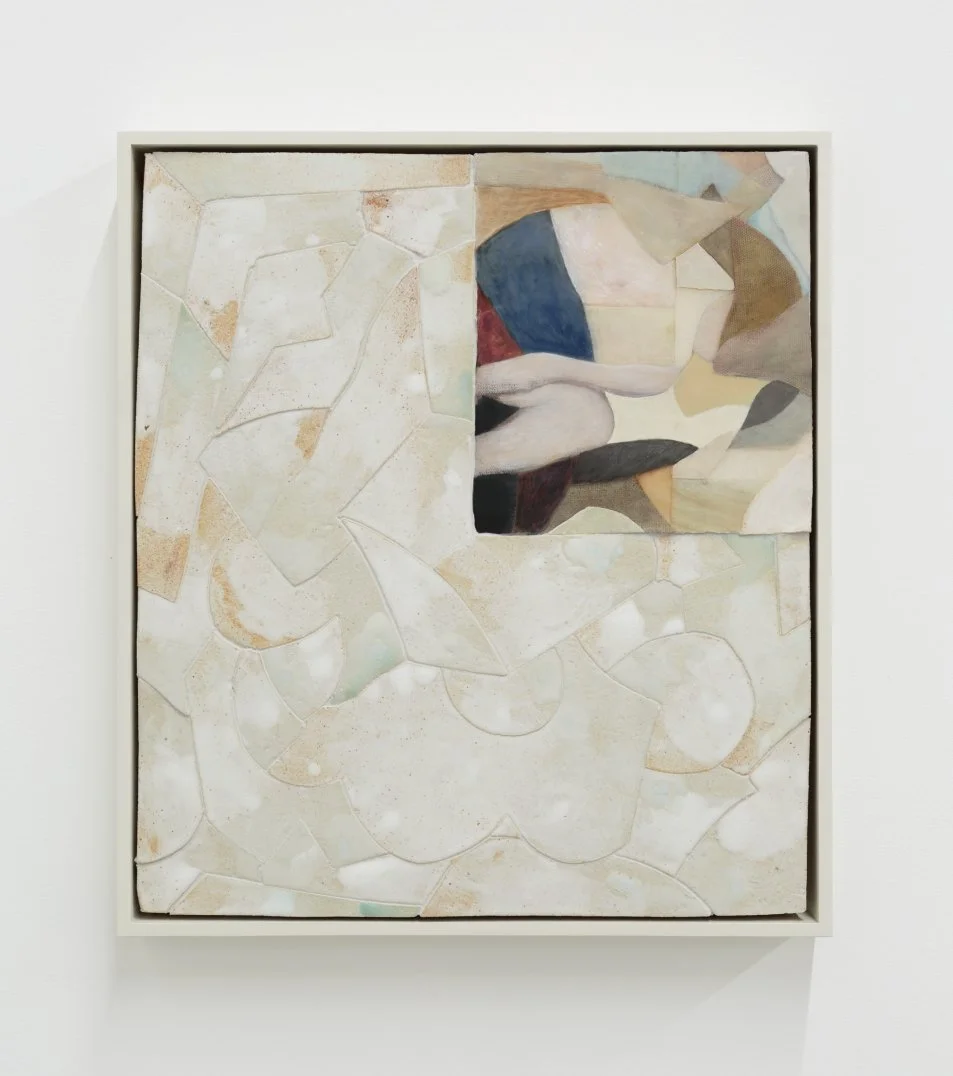   Wall hybrid 2 , 2024, glazed stoneware, grout, glue, string, acrylic, acrylic mediums on linen, hemp, canvas, cardboard, wood, 43 x 37 x 3 cm; 45 x 40 x 5.5 cm framed, photo by Tim Gresham 