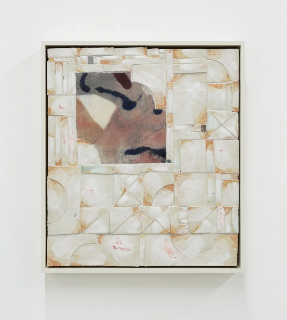   Wall hybrid 1 , 2024, glazed stoneware, grout, glue, acrylic, acrylic mediums on linen, hemp, canvas, cardboard, wood, 40 x 36 x 3 cm; 43 x 38 x 5.5 cm framed, photo by Tim Gresham 