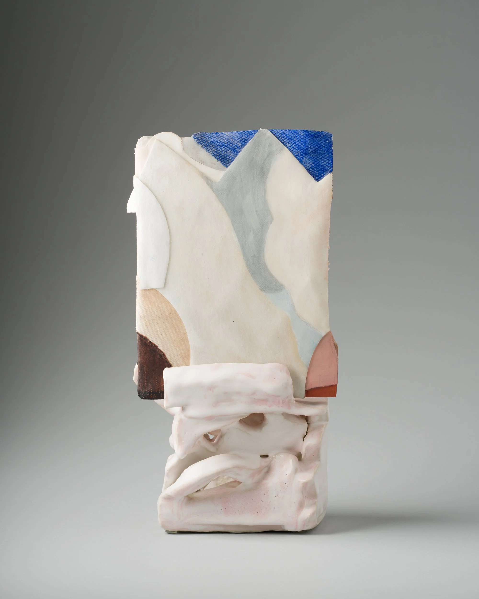  Hybrid 22, 2024, 29 x 16 x 11cm, acrylic, acrylic mediums on linen, canvas, calico on canvas board, glazed midfire base, photo by Matthew Stanton   
