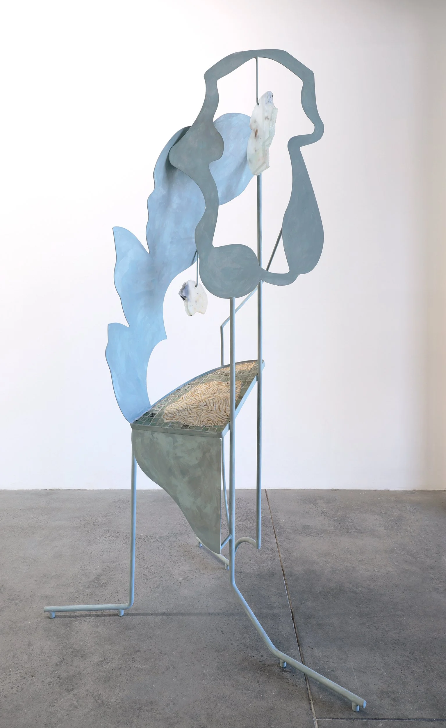   Fragment 7 , 2025, paint, cast glass, glazed stoneware, tile glue, grout, steel, 215cm tall x 129cm wide x 85cm deep, photo by Tim Gresham 