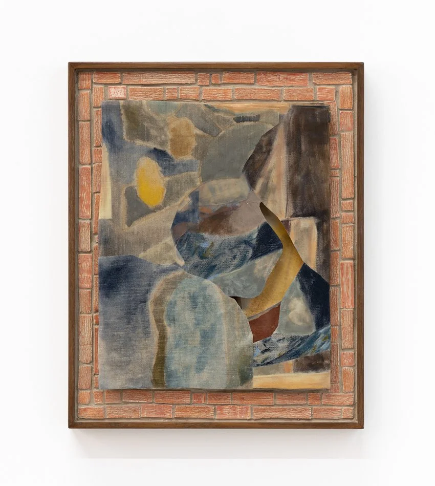   Decoding the edge 1 , 2025, oil, acrylic, acrylic mediums, glue on linen, canvas, mdf, glazed stoneware, tile glue, grout on wood, wooden frame, 52cm tall x 42cm wide x 6cm deep, photo by Nicholas Mahady 