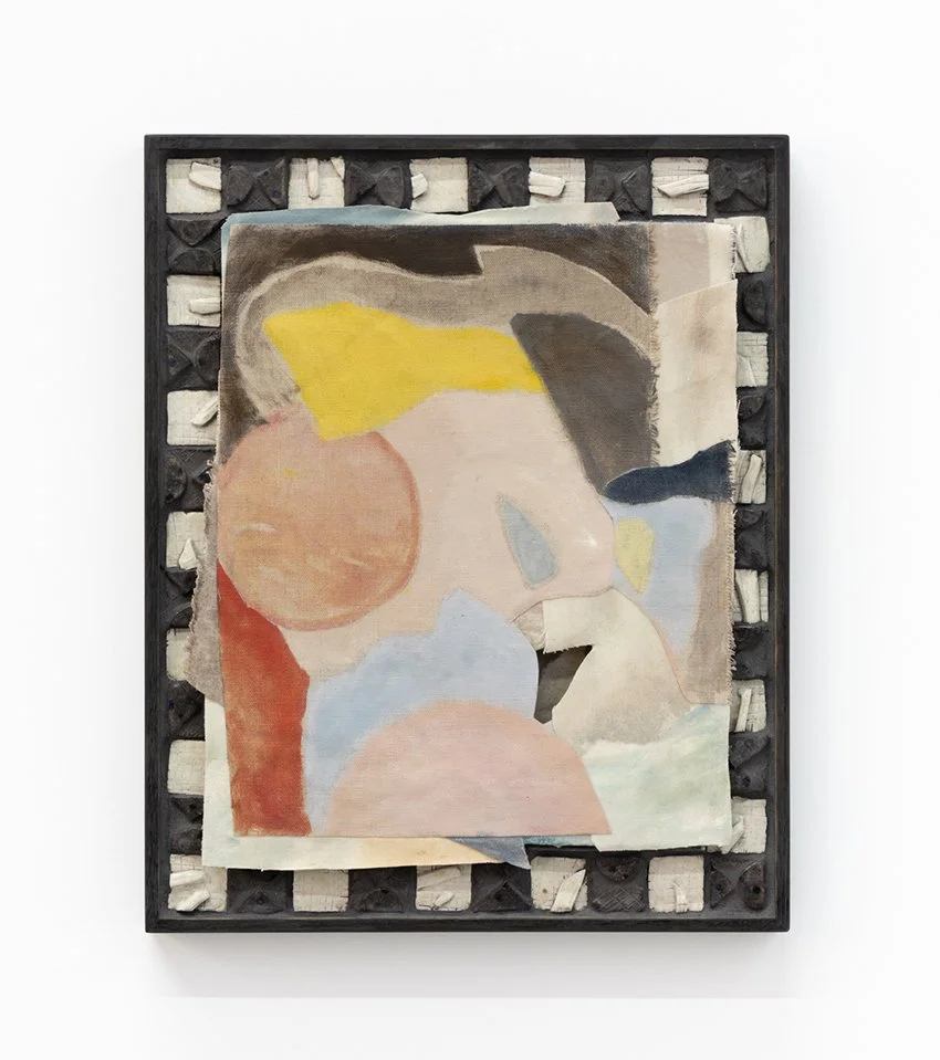   Decoding the edge 2 , 2025, oil, acrylic, acrylic mediums, glue on linen, canvas, mdf, glazed midfire, stoneware, tile glue, grout on wood, wooden frame, 52cm tall x 42cm wide x 6cm deep, photo by Nicholas Mahady 
