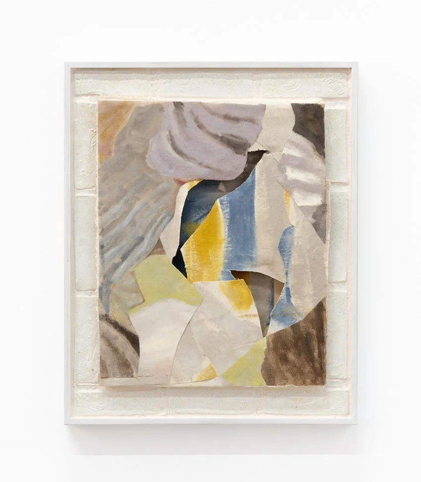   Decoding the edge 4 , 2025, oil, acrylic, acrylic mediums, glue on linen, canvas, mdf, glazed stoneware, tile glue, grout on wood, wooden frame, 52cm tall x 42cm wide x 6cm deep, photo by Nicholas Mahady 