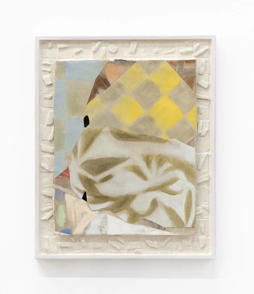   Decoding the edge 3 , 2025, oil, acrylic, acrylic mediums, glue on linen, canvas, mdf, glazed stoneware, tile glue, grout on wood, wooden frame, 52cm tall x 42cm wide x 6cm deep, photo by Nicholas Mahady 