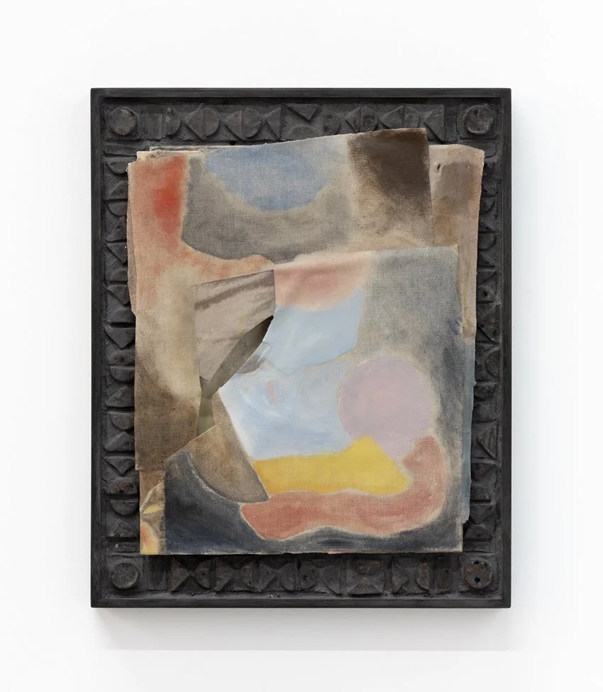   Decoding the edge 5 , 2025, oil, acrylic, acrylic mediums, glue on linen, canvas, mdf, glazed midfire, tile glue, grout on wood, wooden frame, 52cm tall x 42cm wide x 6cm deep, photo by Nicholas Mahady 