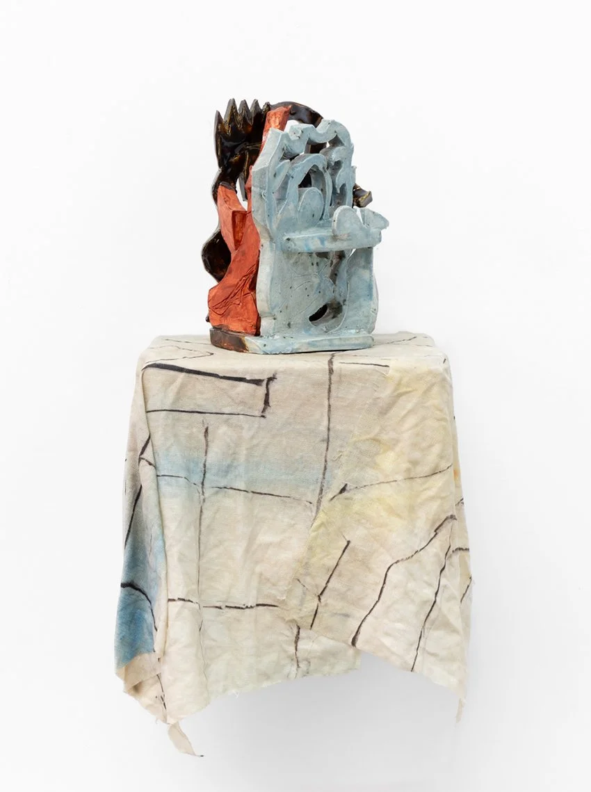   I made it/it made me , 2026, glazed midfire, acrylic, acrylic mediums on digitally printed linen, calico, wood, shelf brackets, glue, 45 x 26 x 25cm, photo by Nicholas Mahady 