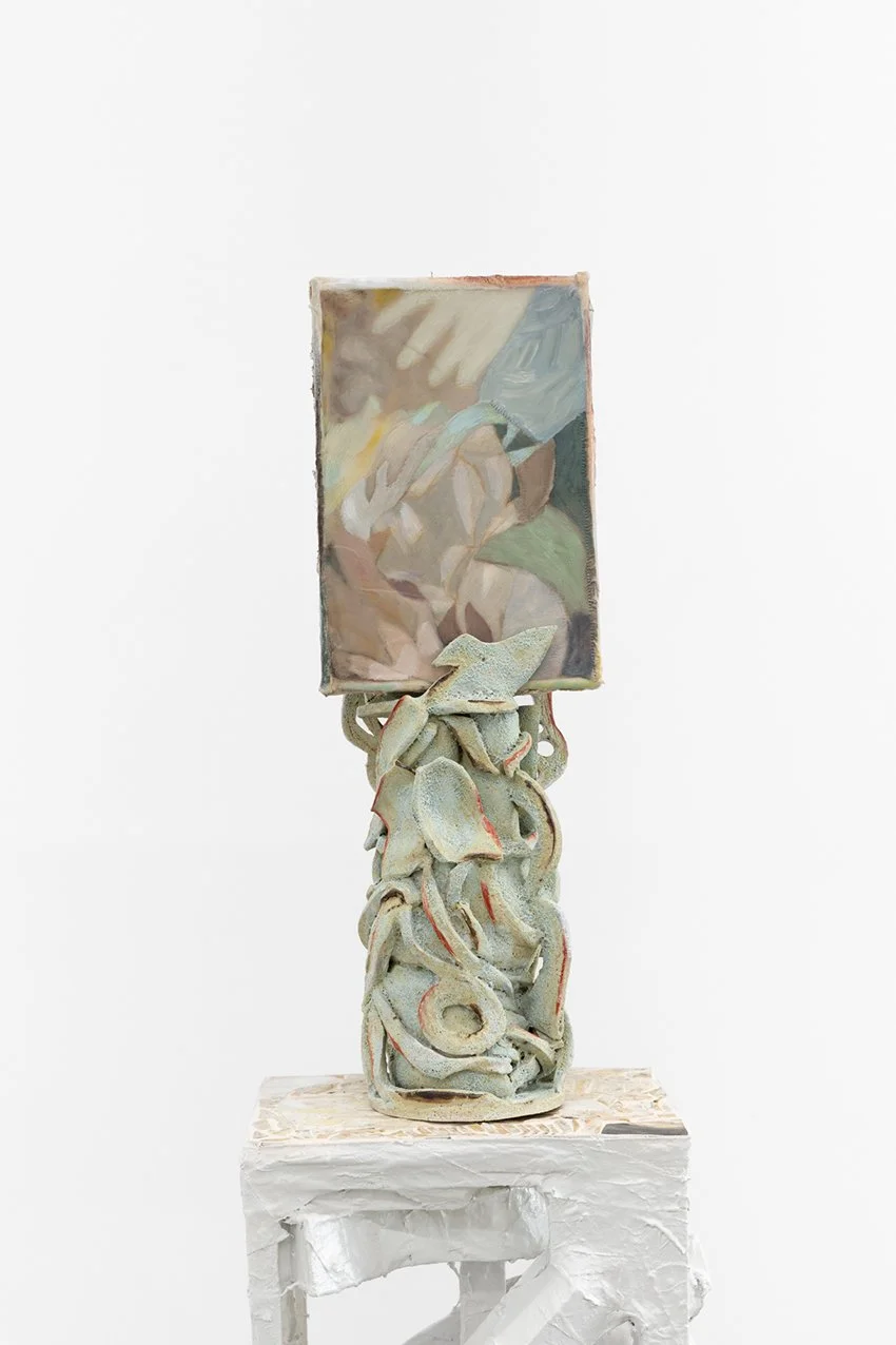   Interlocking 1 , 2025, oil, acrylic, acrylic, mediums on canvas, calico, linen, polystyrene, glazed stoneware base, 61cm tall x 21cm wide x 17cm deep, photo by Nicolas Mahady 