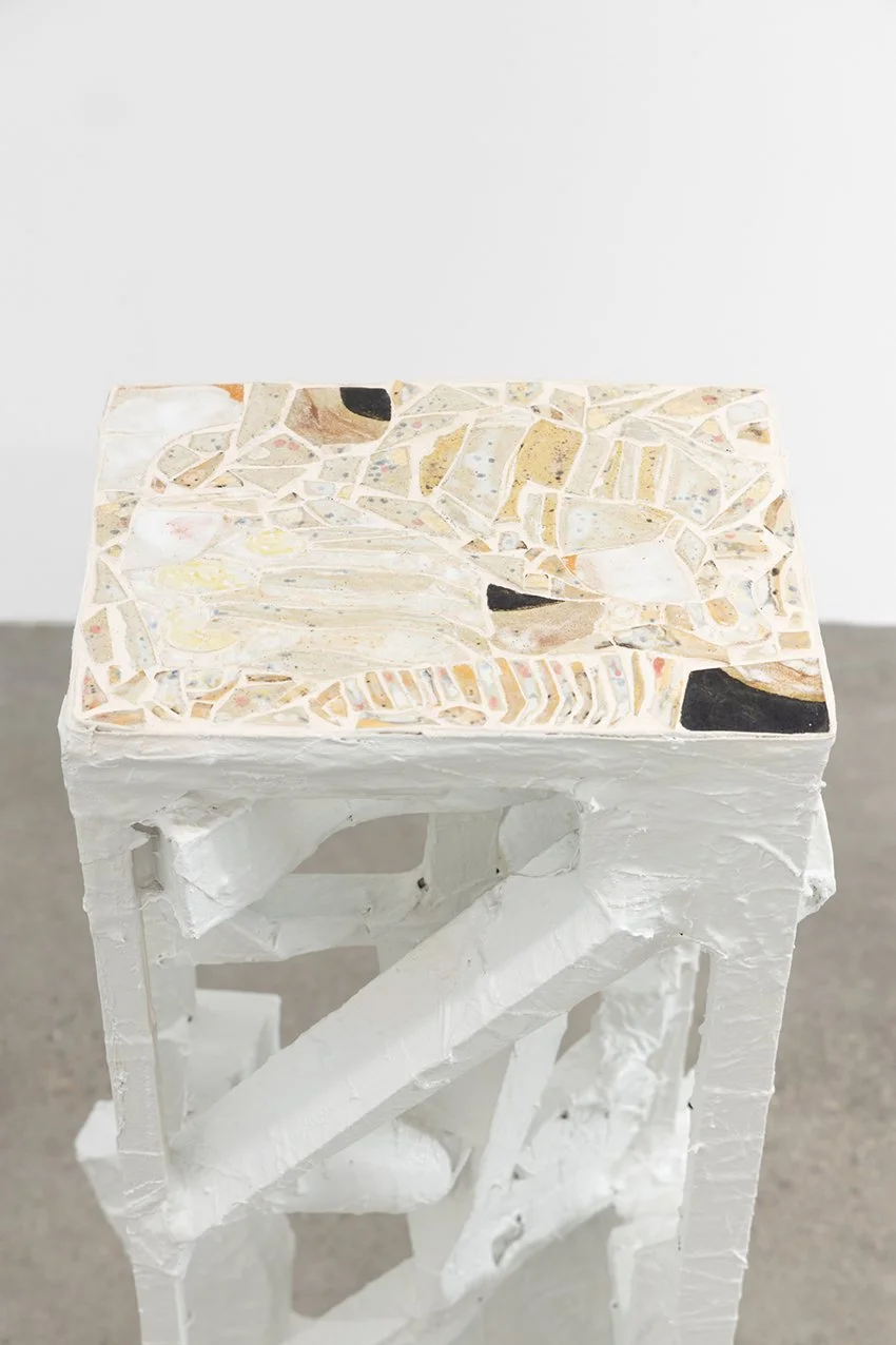   Landing , 2025, midfire, stoneware, tile glue, grout, calico, spray paint, acrylic, PVA, epoxy clay, polystyrene, wood, MDF, 93cm tall x 43cm wide x 39cm deep, photo by Nicholas Mahady 