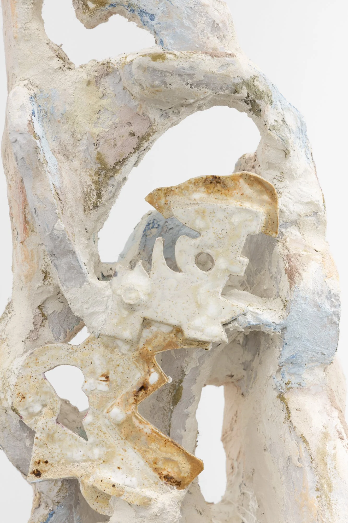   Interlocking 2  (detail), 2025, glazed stoneware, epoxy clay, pigment, PVA, acrylic, concrete, polystyrene, MDF, 165cm tall x 46cm wide x 44cm deep, photo by Nicholas Mahady 