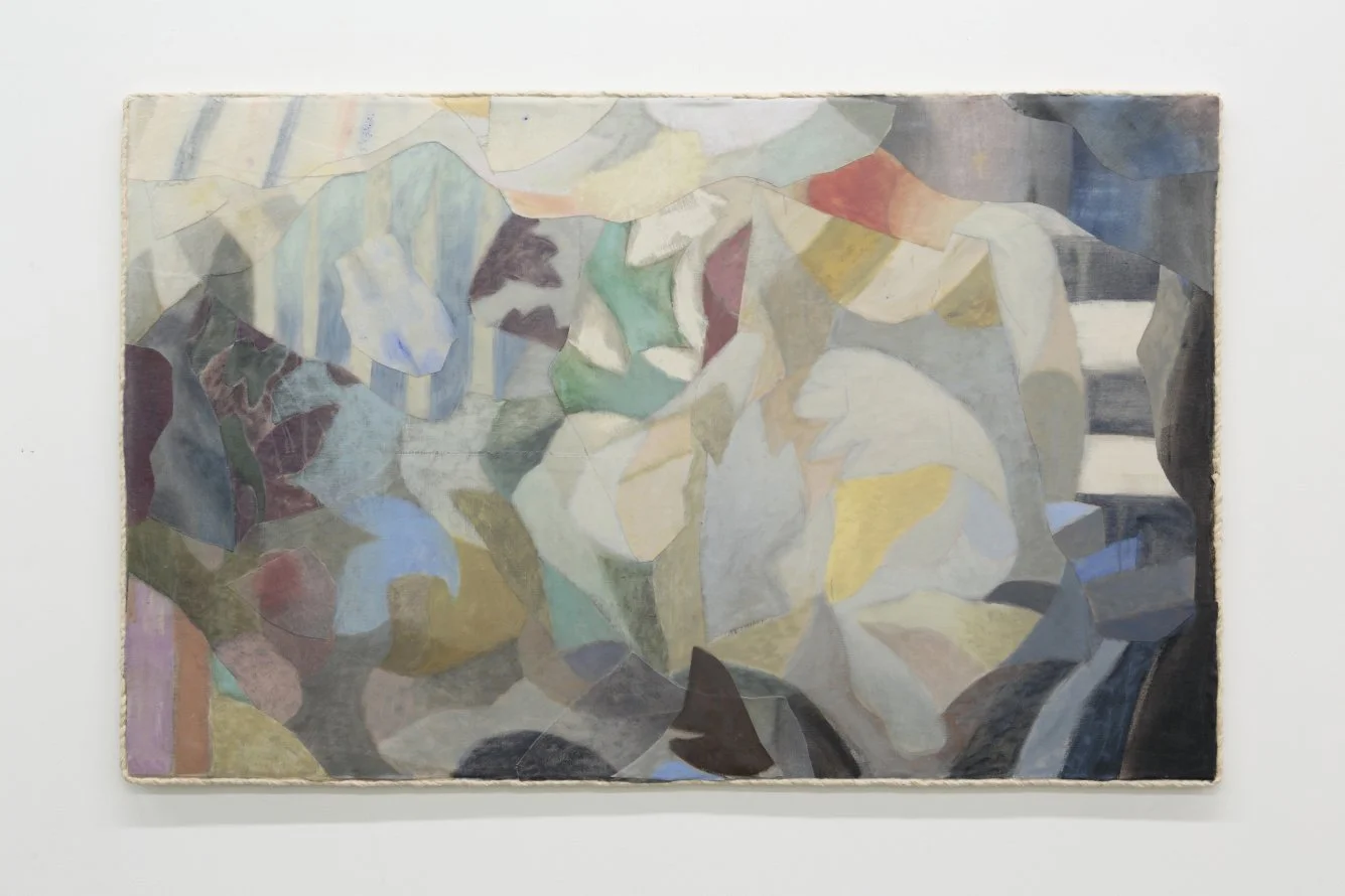   Low winter sun (walking off the polycrisis) , 2026, acrylic, acrylic mediums on linen, canvas, calico, 104 tall x 165 wide x 2cm deep 