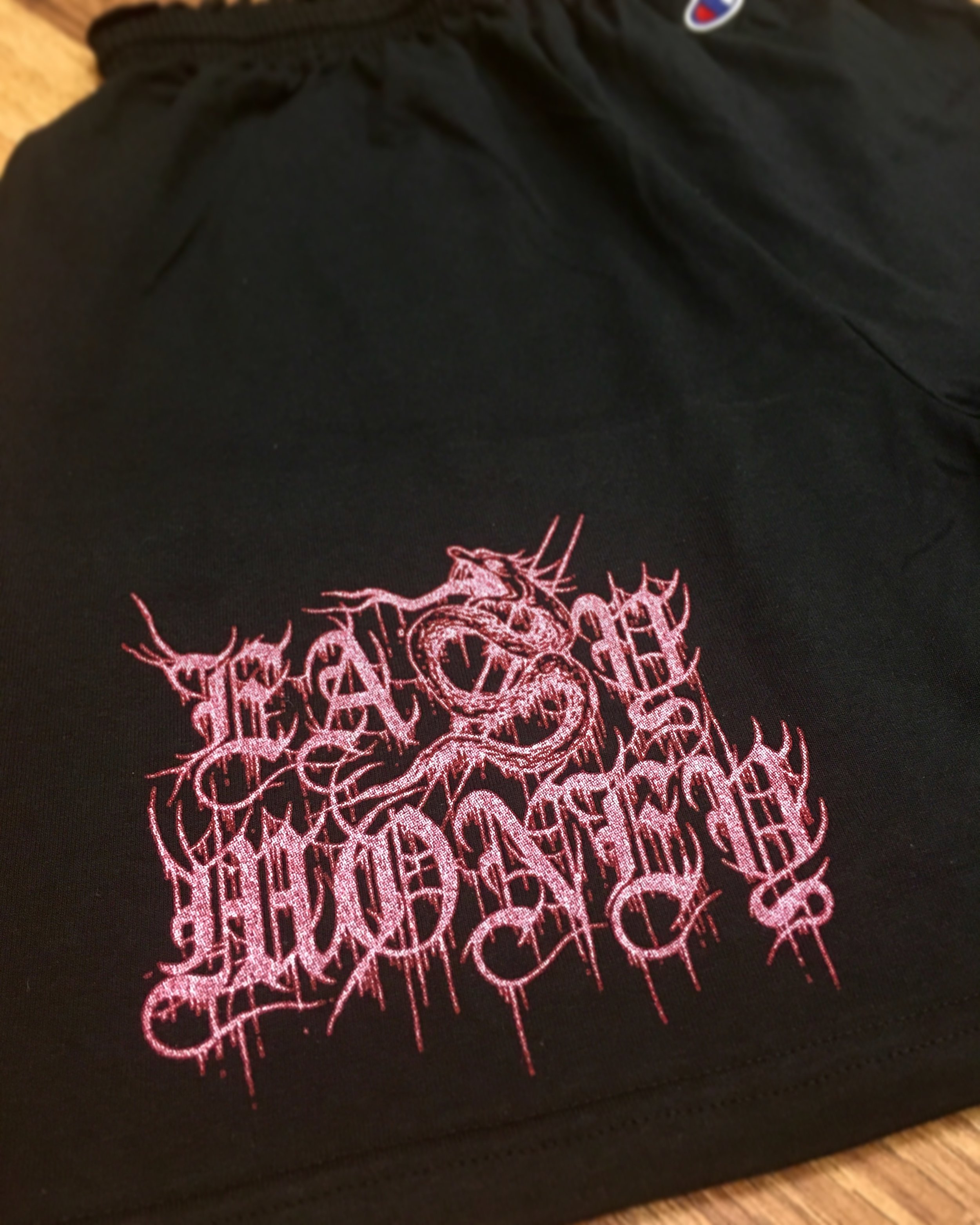 3 color Simulated Process on Champion cotton shorts