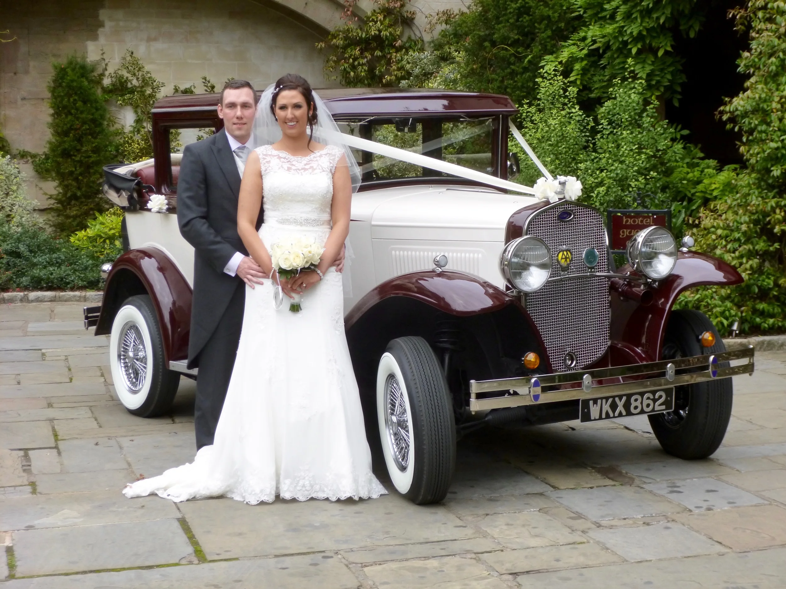 A beautiful setting for arrival photos. As can be seen the hood was lowered on the Badsworth for the slow drive down the imposing tree lined avenue to the Courtyard of Coombe Abbey.