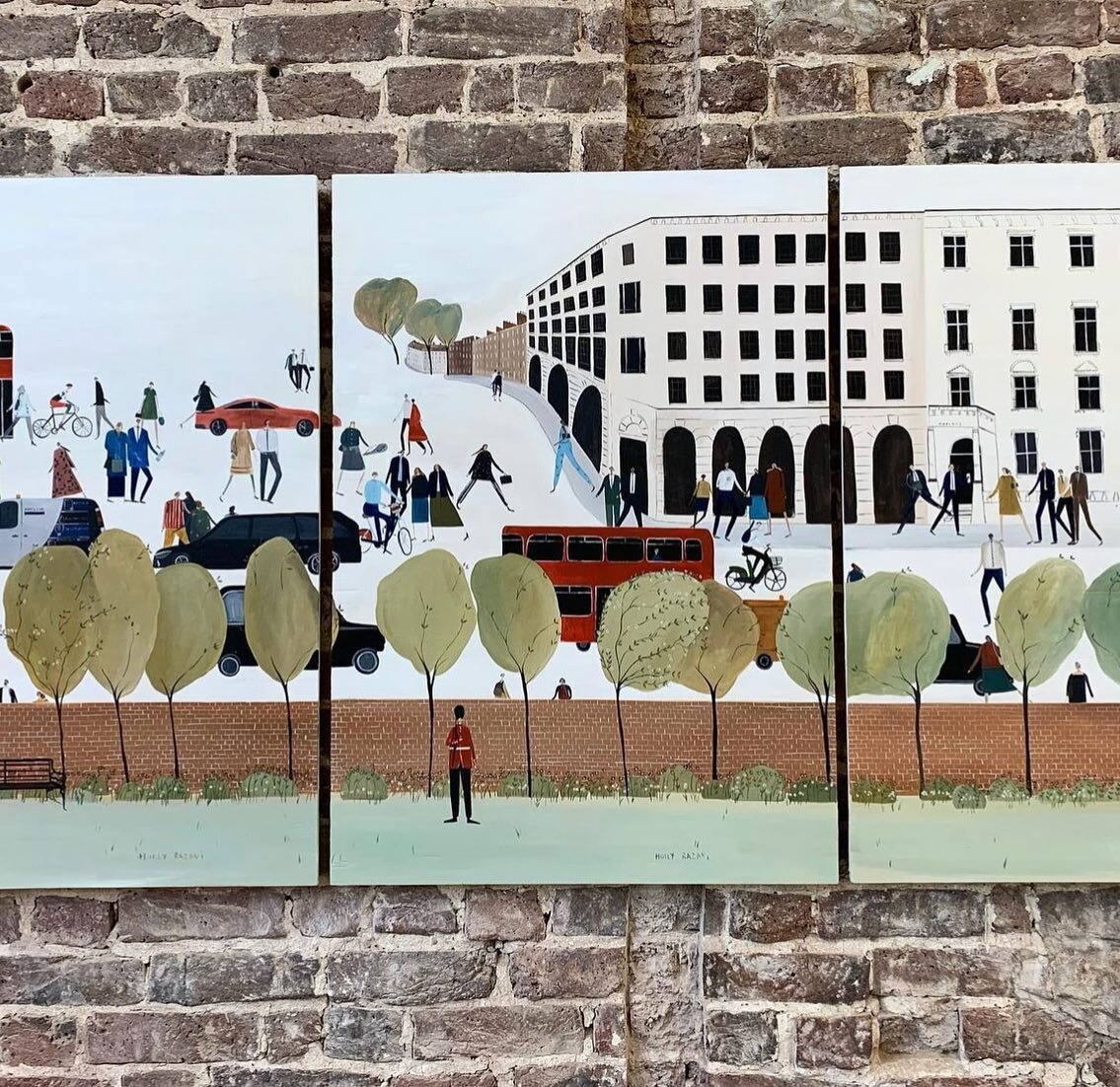 This Holly Razavi triptych was commissioned by a company for their new London offices. Each of the employees is depicted on their commute into work - and they&rsquo;re all smiling! With her unique style and vision, Holly has created an energetic, upl