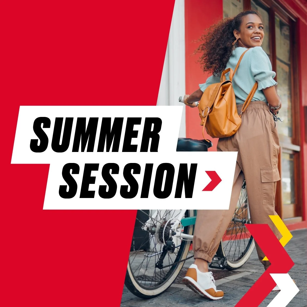 Red flyer that includes a young woman strolling with a bike. Black and bold text reads "SUMMER SESSION" against a white highlight.