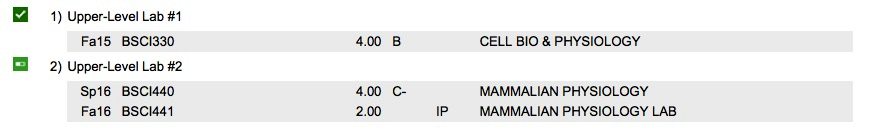 One upper-level lab requirement was met by completing BSCI330. The second upper-level lab course will be satisfied once BSCI441 is successfully completed.