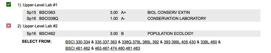 Graphic of a degree audit that shows Upper Level Lab #2 incomplete.