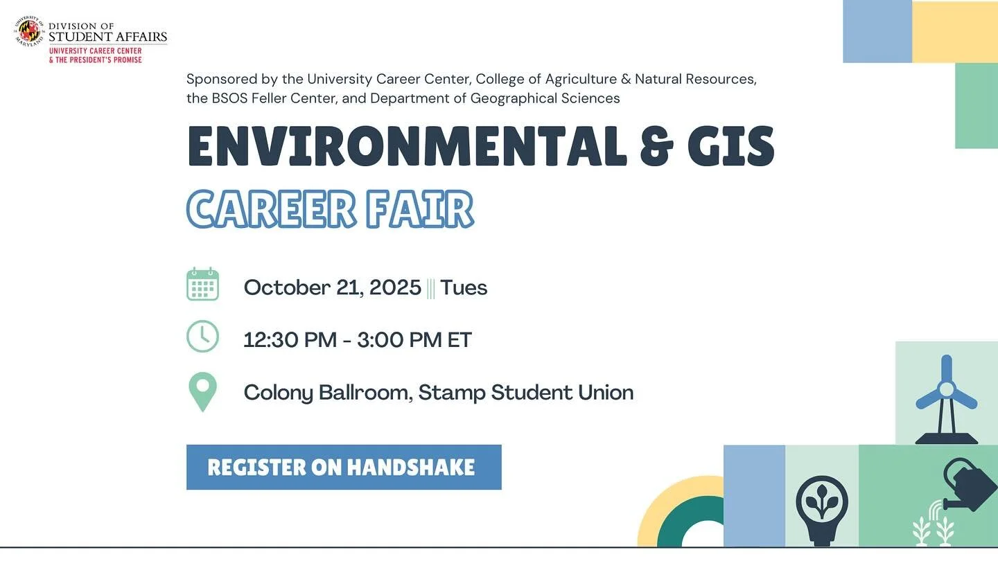 @umdcareercenter is delivering their Environmental &amp; GIS Career Fair on OCT. 21st, 12:30-3:00 PM in @thestampumd Colony Ballroom.

BSCI Terps, anyone interested in careers in Ecology, REGISTER on UMD Handshake! (LINK in BIO).
