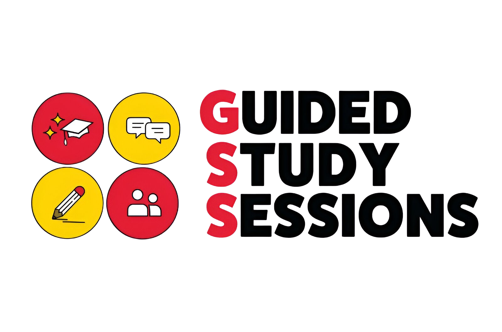 Red, yellow, and black graphic with bold text that reads "GUIDED STUDY SESSIONS."