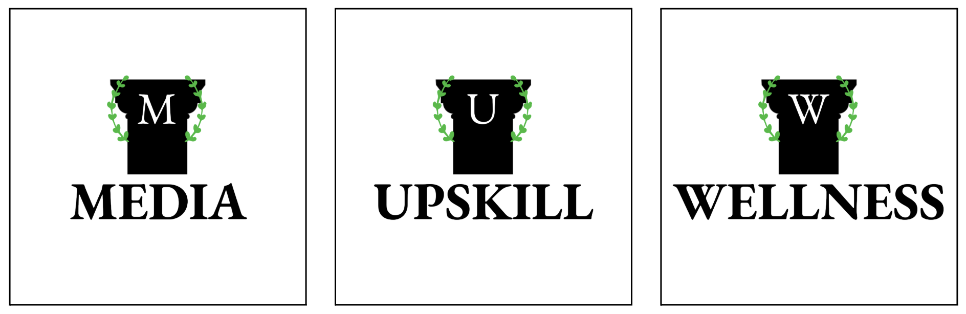 Three black columns with bold serifs that read "MEDIA, UPSKILL, WELLNESS."