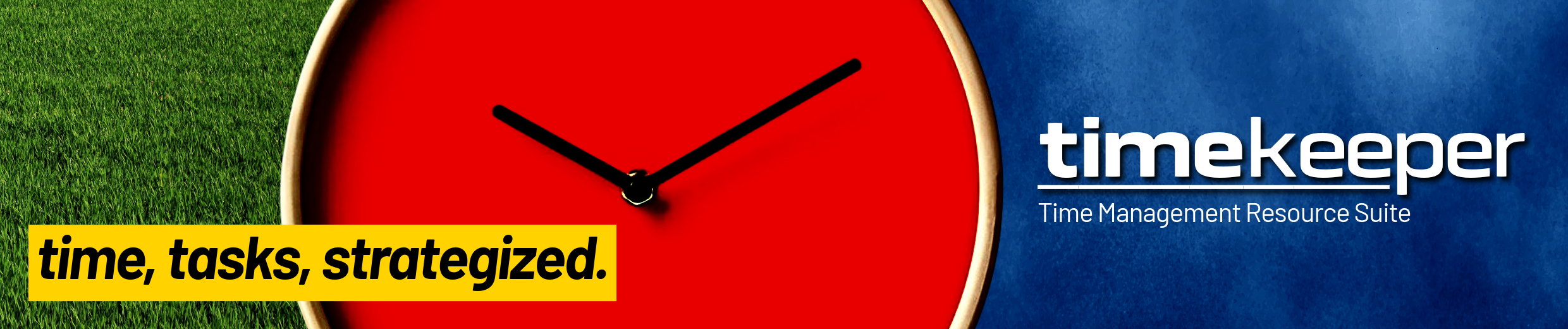 Banner with green grass, a red clock, and blue background that reads "TimeKeeper: times, tasks, strategized."