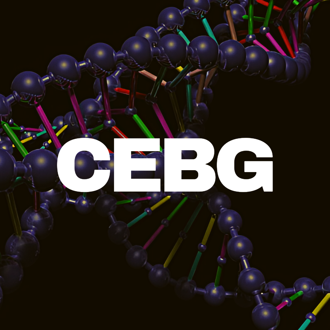Bold white text that reads "CEBG" on a dark background illustrating a DNA double helix.