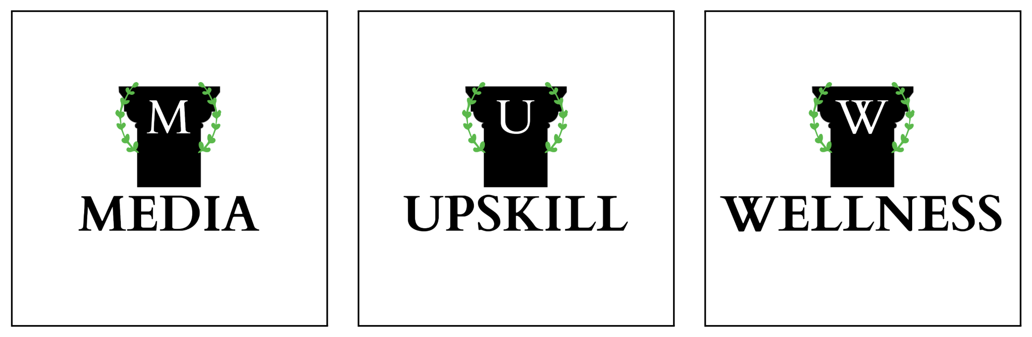 Three black columns with bold serifs that read "MEDIA, UPSKILL, WELLNESS."