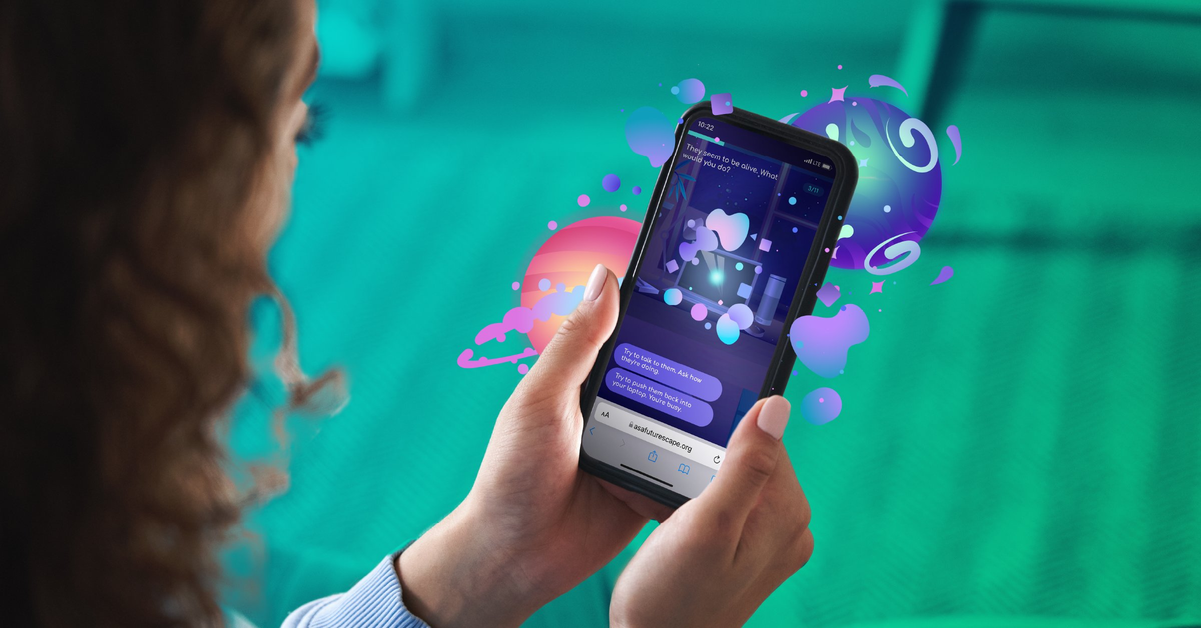 Girl is looking at smartphone with a colorful screen over a teal background.