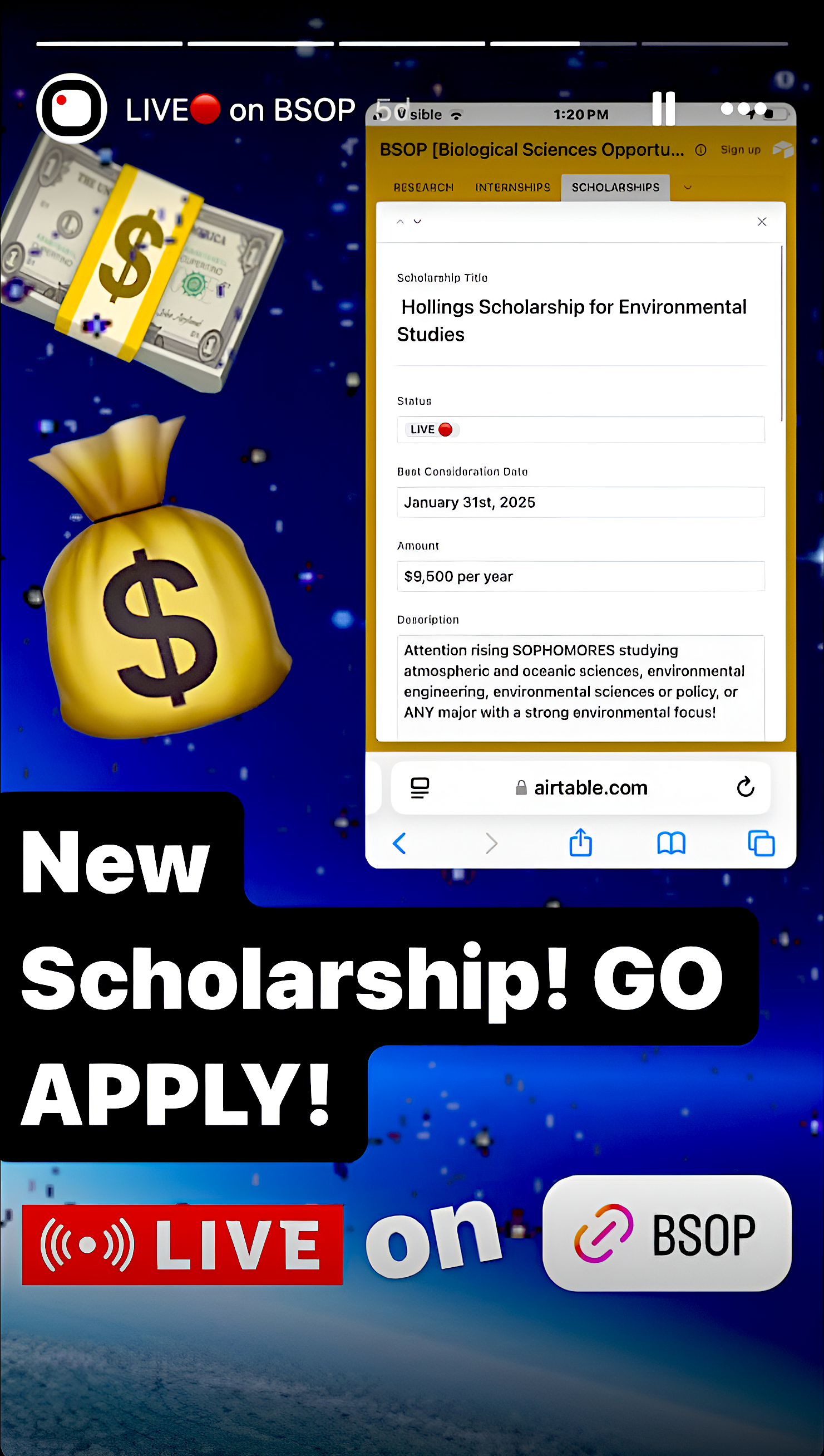 Image of a scholarship flyer from @bsciumd's Instagram story.
