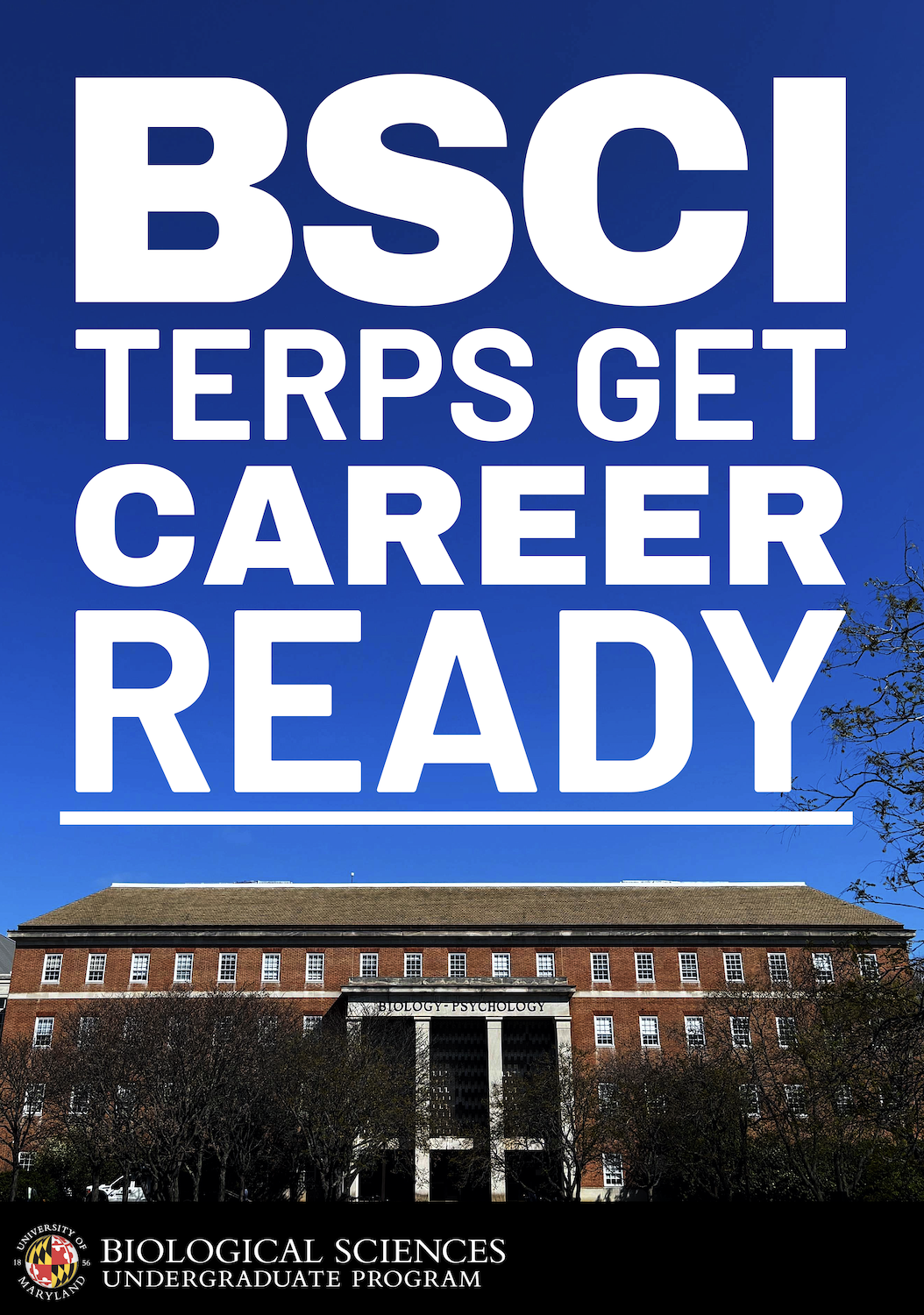 Big white text reads "BSCI TERPS GET CAREER READY" in front of a blue sky background.