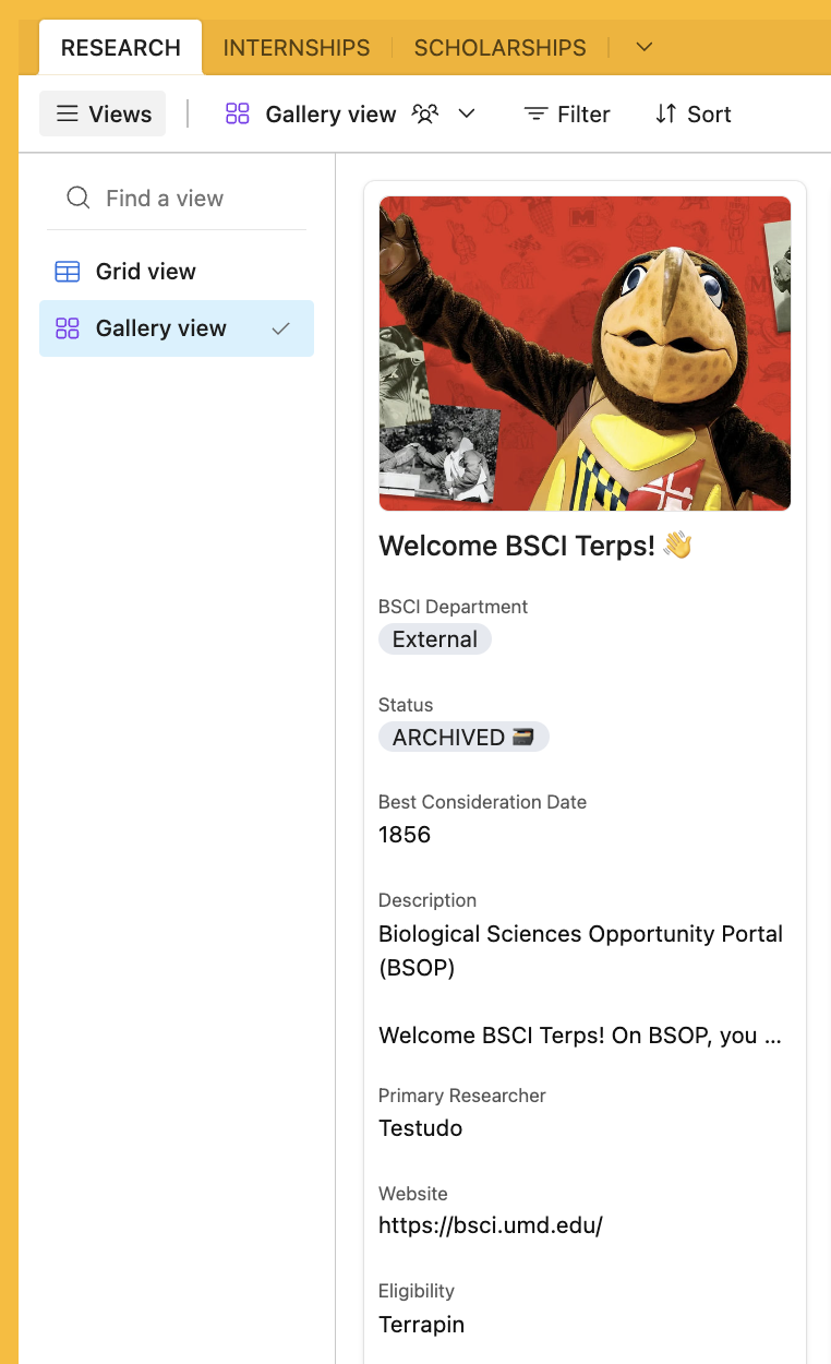 Yellow and white menu of BSOP Database that illustrates the different viewing options.
