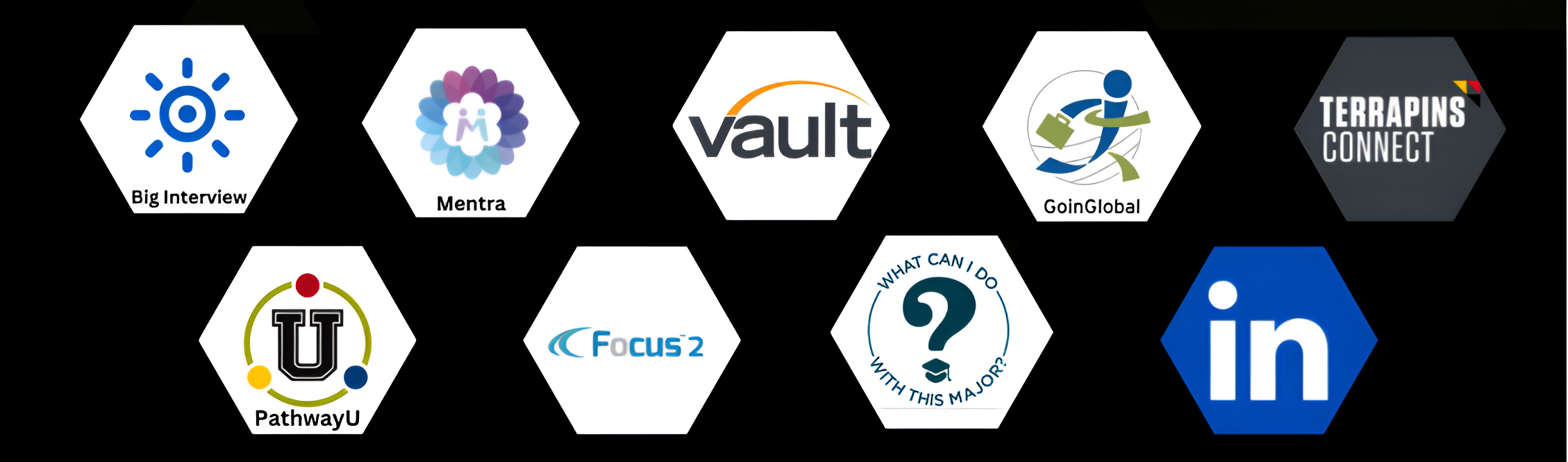 Nine octagonal shapes illustrating the services and programs of the University Career Center against a black background.