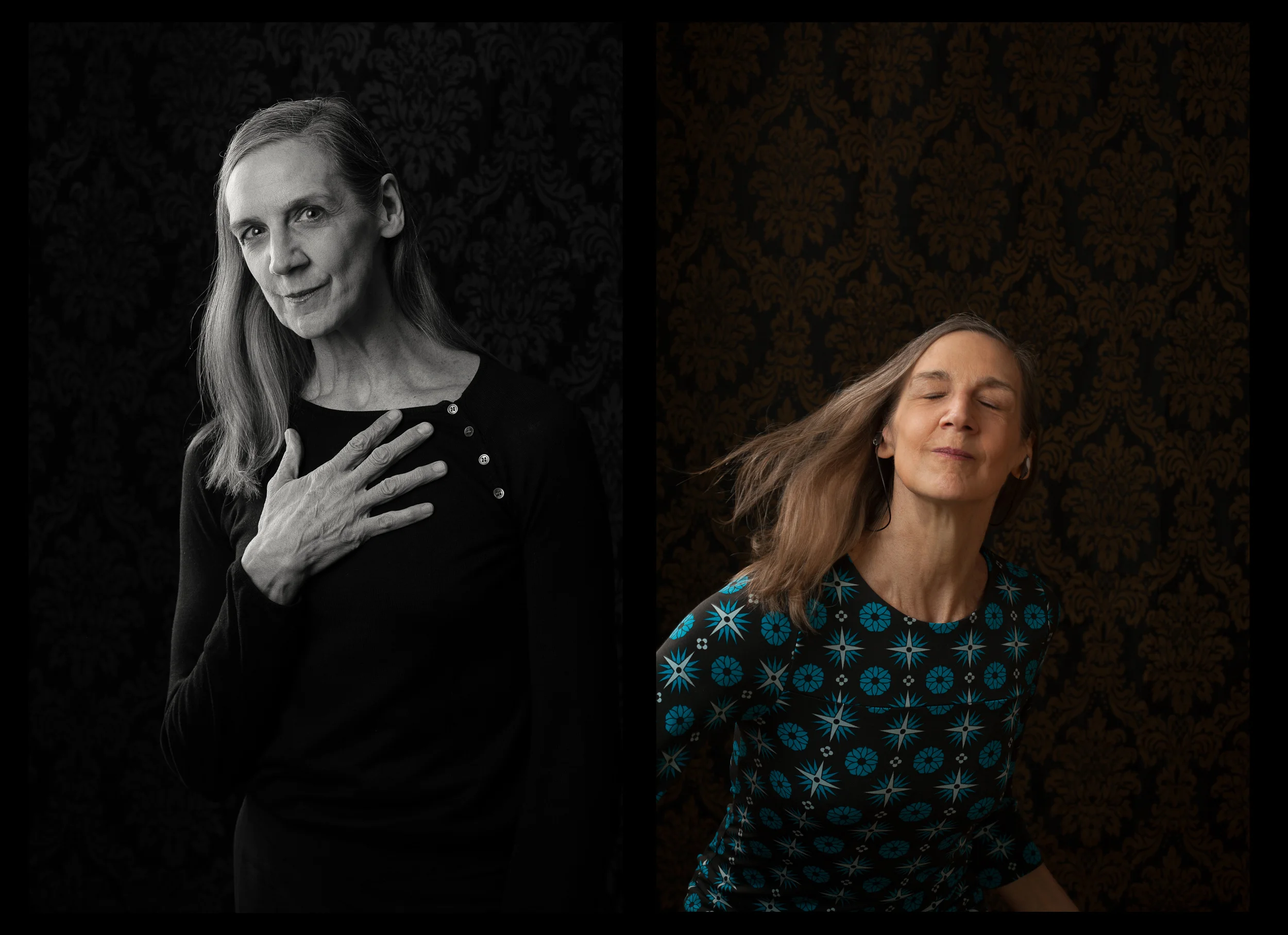The photos were displayed side by side as diptychs when they were hung in the Betty Oliphant theatre.